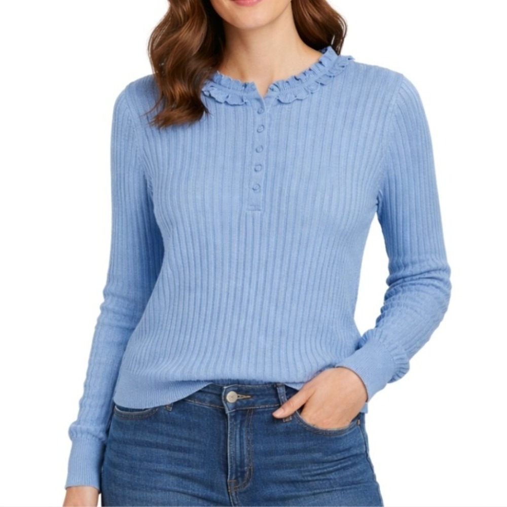 Talbots NWT Womens Light Blue Pointelle Ruffle Neck Henley Preppy Sweater Size L
